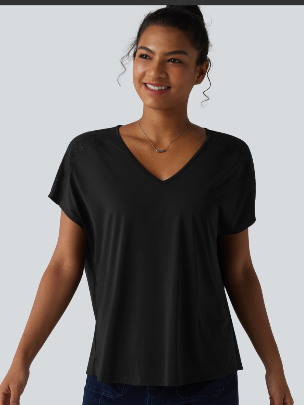 HALARA Black V-Neck Batwing Short Sleeve Tee with Lace Detail
